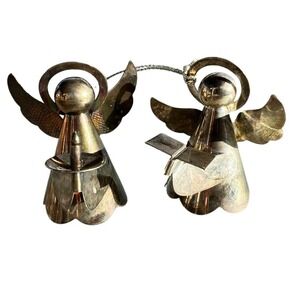 VTG Silver Plated Brass‎ Angel Figurines Ornaments Set of 2 Hong Kong 2.5" Xmas